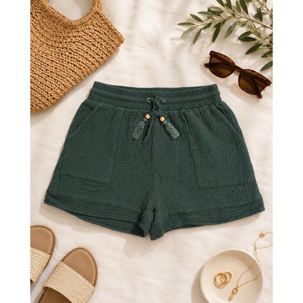 Staccato Womens L Green Gauze Cotton Pull On Shorts Drawstring Pockets